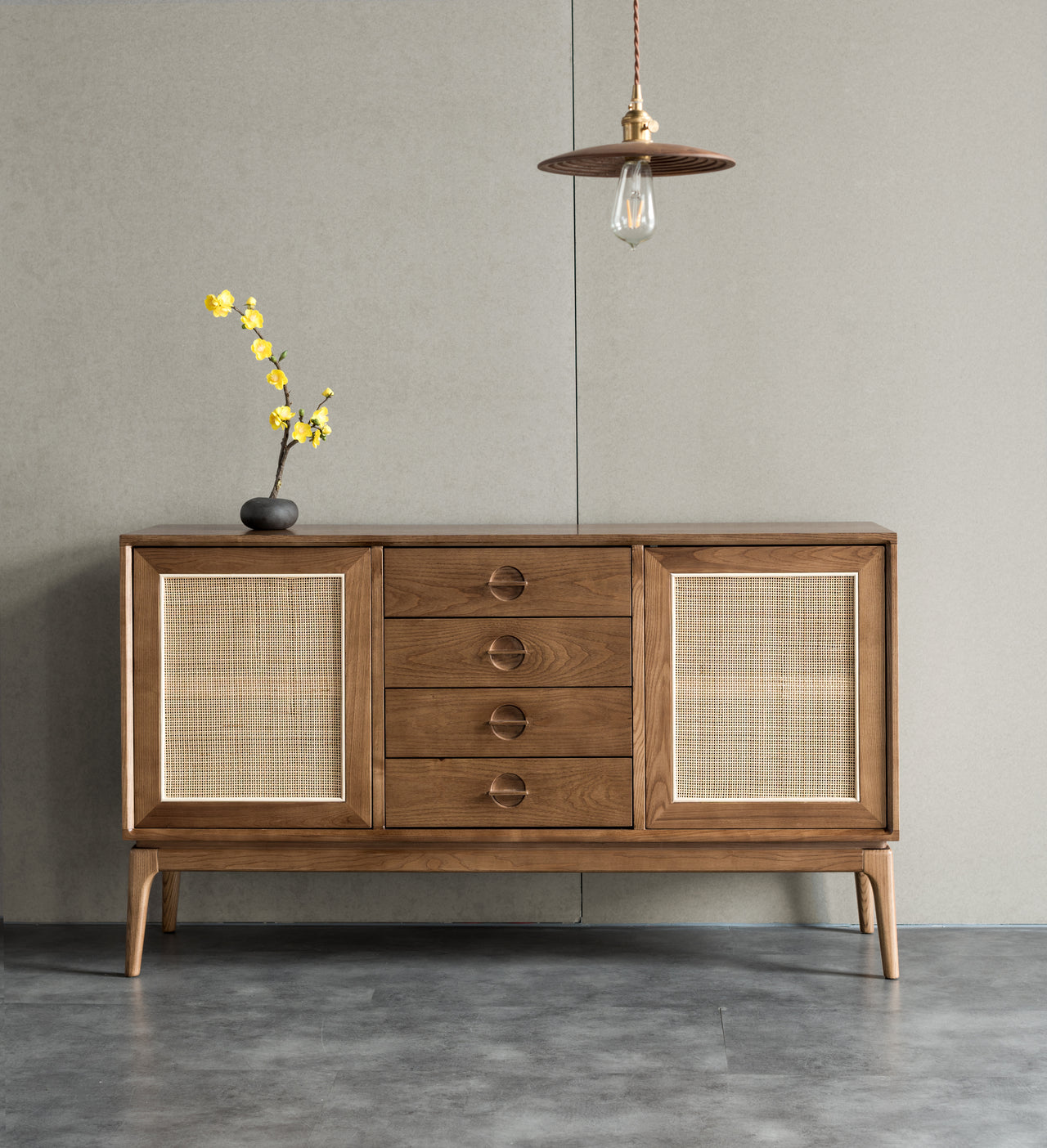 Solid Wood Storage Cabinet | Cottage Sideboard Buffet with Rattan Doors and 4 Drawers