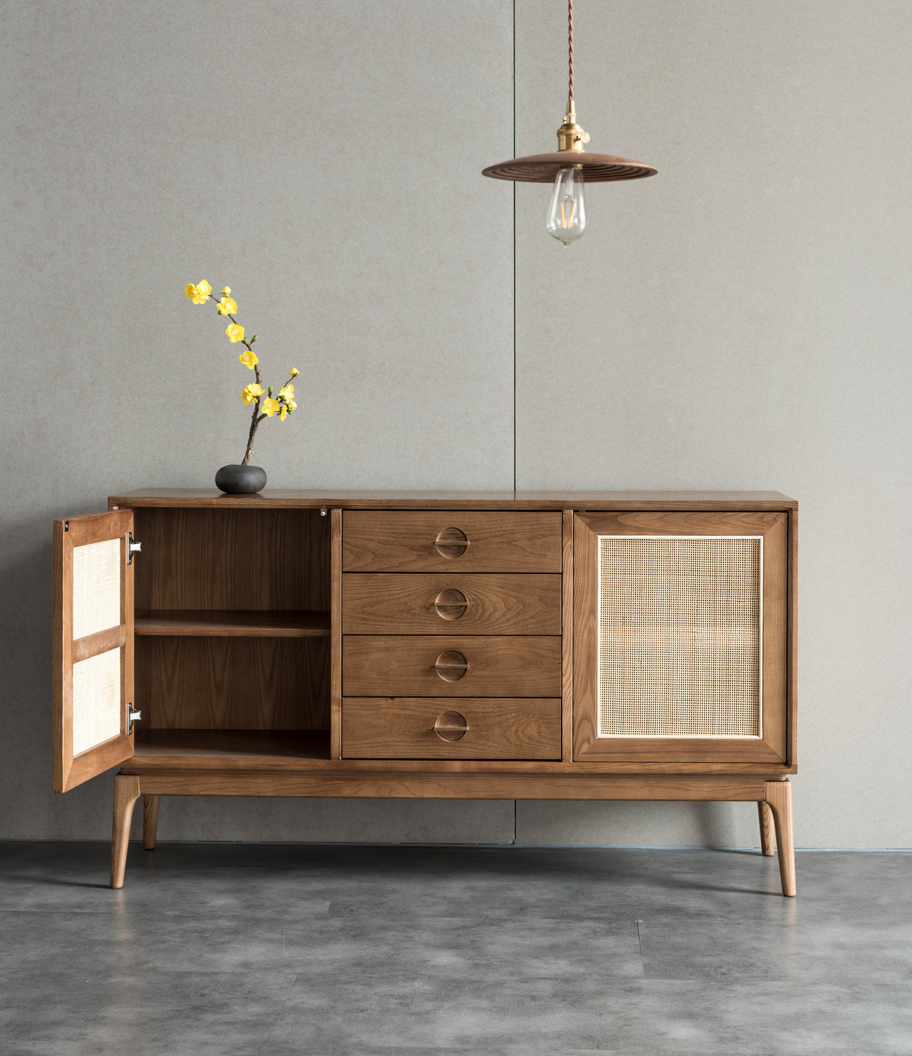 Solid Wood Storage Cabinet | Cottage Sideboard Buffet with Rattan Doors and 4 Drawers