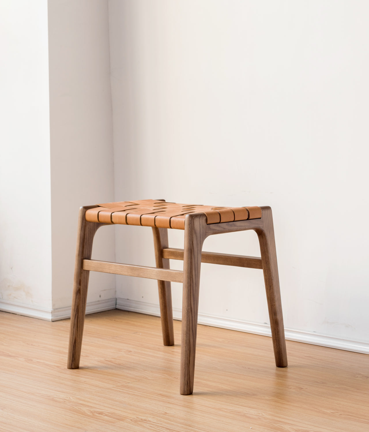 Solid Ash Wood & Leather Dining Stool | Vanity and Makeup Seating